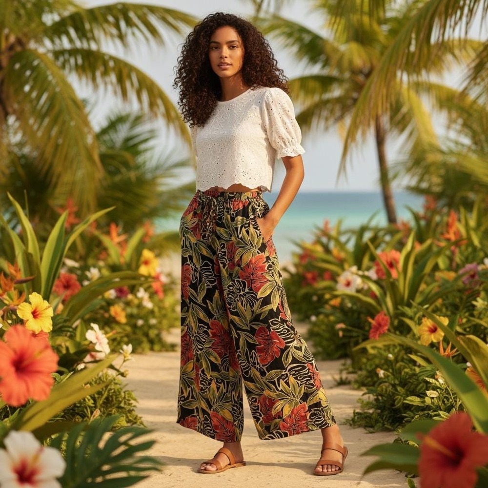Y2K‎ Panama Jack Womens XS  Boho Tropical Wide Leg Palazzo Pants Pull On Stylish